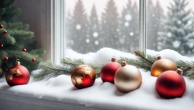 The primary subject of the image is a group of Christmas ornaments, including gold and red balls, placed on a window sill. The setting is a snowy environment, with snow covering the window and surrounding the ornaments. The visual style is a photo, capturing the details and colors of the ornaments and the snowy scene. The colors and mood of the image are predominantly warm and festive, with the gold and red balls adding a touch of holiday cheer.